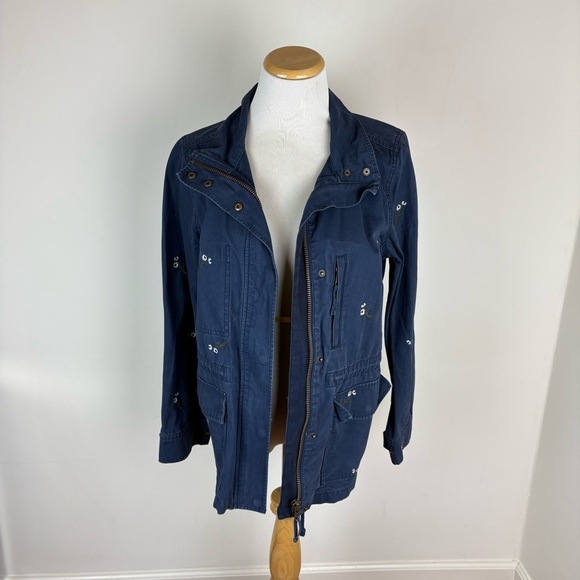 Madewell Floral Embroidered Cargo Military Jacket Navy Blue Size M 100% Cotton - Picture 3 of 6
